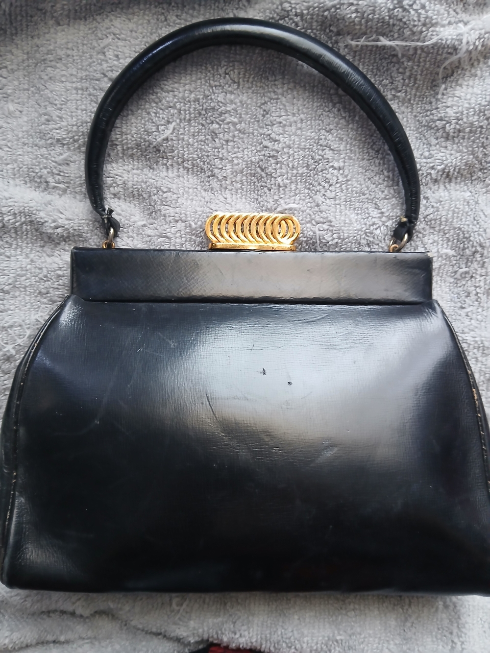 Black Vintage Structured Top-Handle Clutch with Gold Twist Lock
